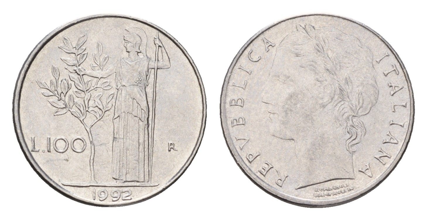 Италия 100 лир 1992 R, Афина у оливкового дерева KM 96.2 нержавеющая сталь 187-562