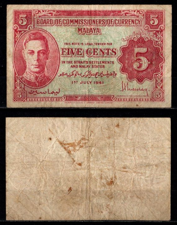 Малайя 5 центов 1941 Pick 7 b бумага 7203-52-3-2