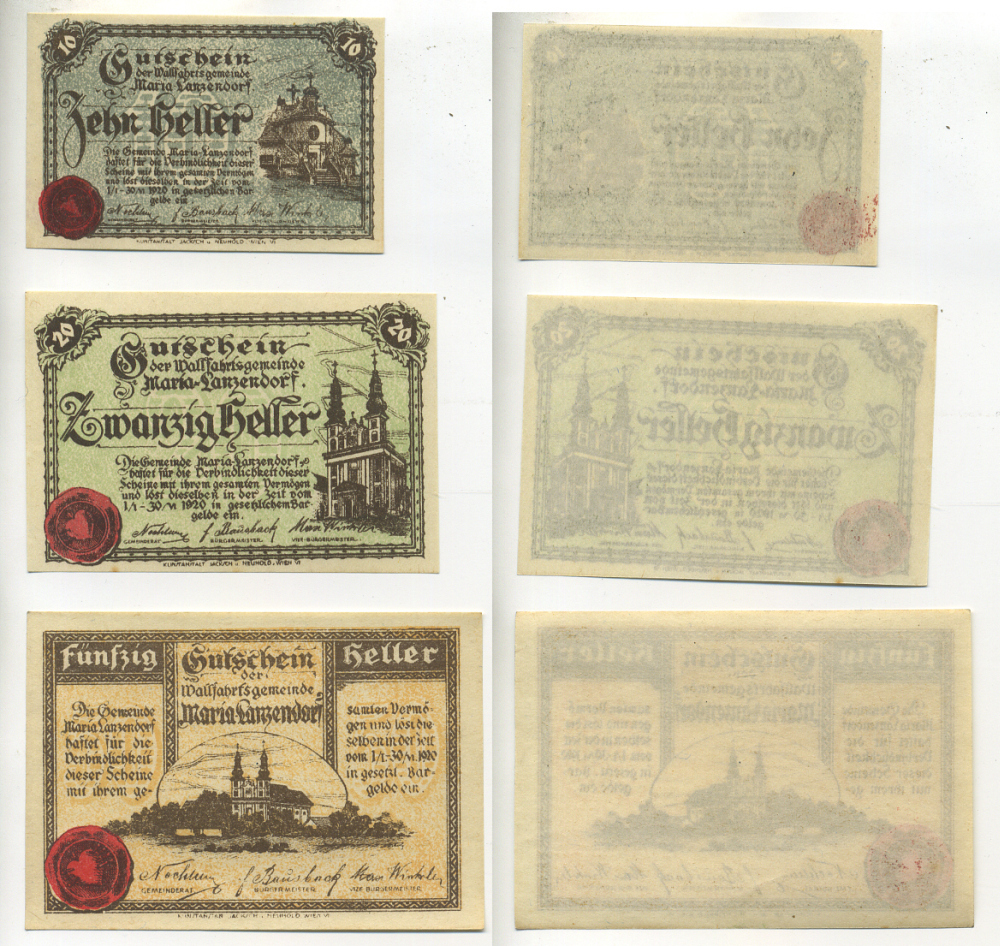 АВСТРИЯ НАБОР ИЗ 3 БАНКНОТ 1920 1 ЯНВАРЯ 1920-30 ИЮНЯ 1920, НОТГЕЛЬД, 10, 20, 50 ГЕЛЛЕРОВ, MARILANSENDORF бумага aUNC 7204-25-3