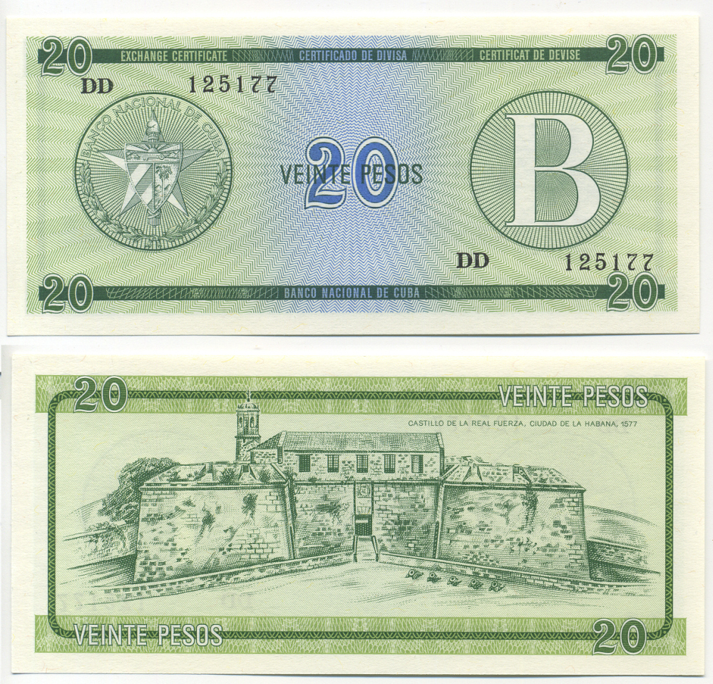 Куба, валютный сертификат 20 песо ND (1985) серия B, зеленая Pick FX 9 бумага UNC (пресс) 448-17-2