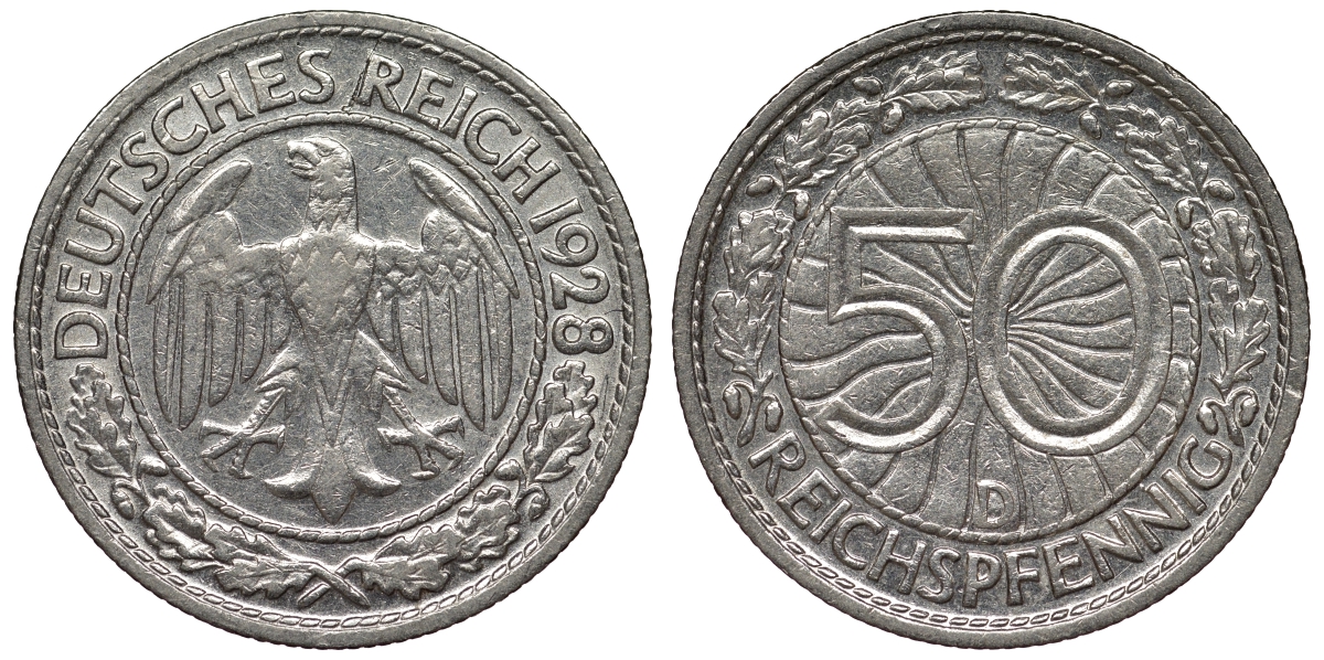 Германия 50 рейхспфеннигов 1928 D KM 49, J. 324 никель 4121-815