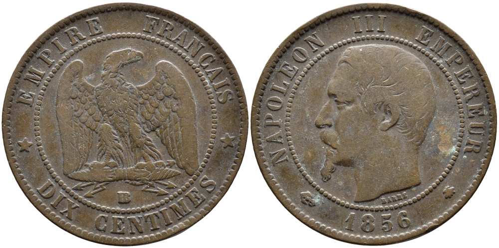ФРАНЦИЯ 10 САНТИМОВ 1856 BB, НАПОЛЕОН III (1852-1870) KM 771.3, LA FRANC 133.34 бронза 4389-1022