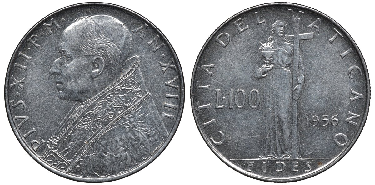 Ватикан 100 лир 1956 папа Пий XII (1939-1958) KM 55 нержавеющая сталь UNC 4579-716