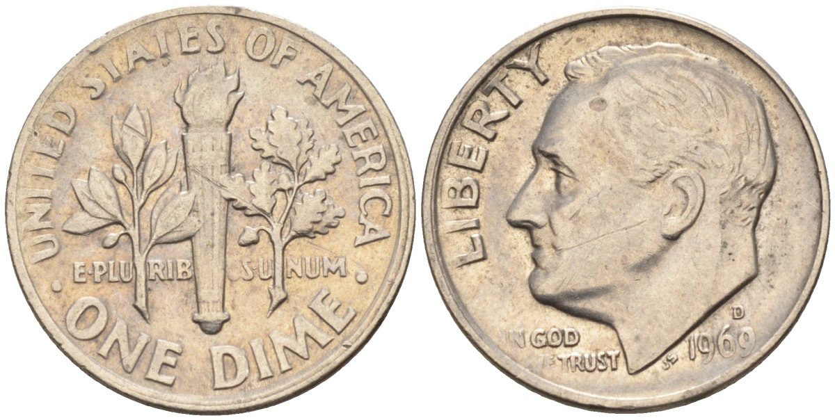 США 10 центов = дайм 1969 D, Рузвельт KM 195а медь плакированная медно-никелем 4115-754