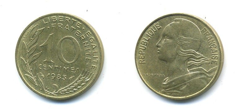 ФРАНЦИЯ 10 САНТИМОВ 1983 ТИП MARIANNE KM 929 медь алюминий никель 84-1631