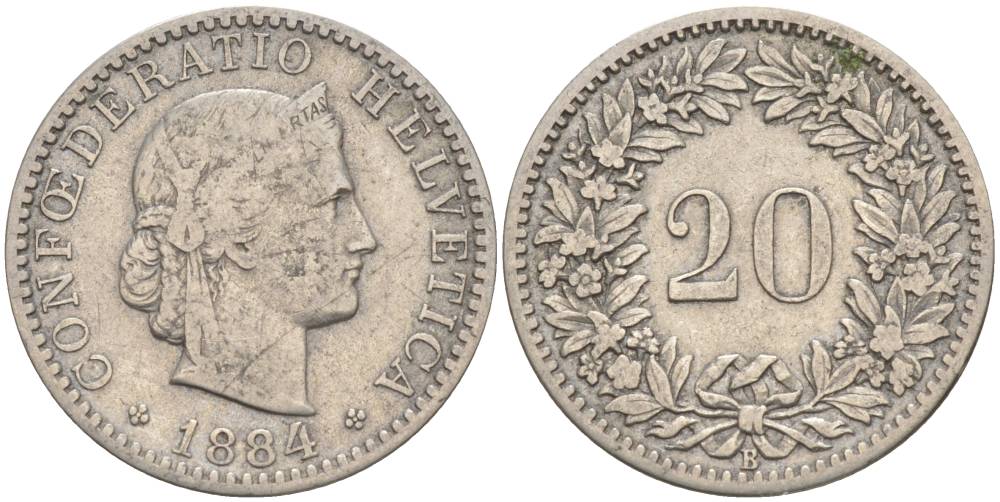 ШВЕЙЦАРИЯ 20 РАППЕНОВ 1884 В KM 29 никель 55-556