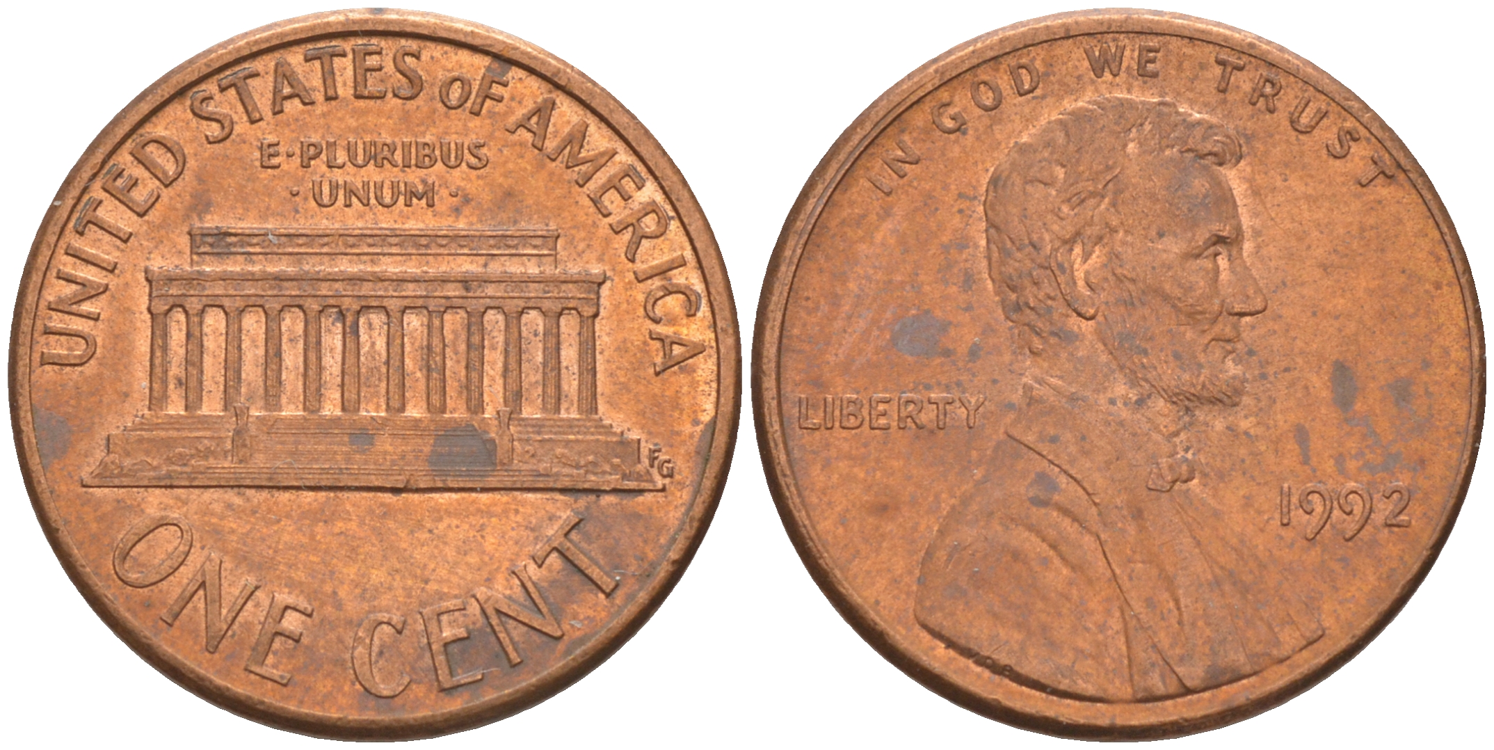 США 1 ЦЕНТ 1992 ЛИНКОЛЬН KM 201b цинк плакированный медью 188-243