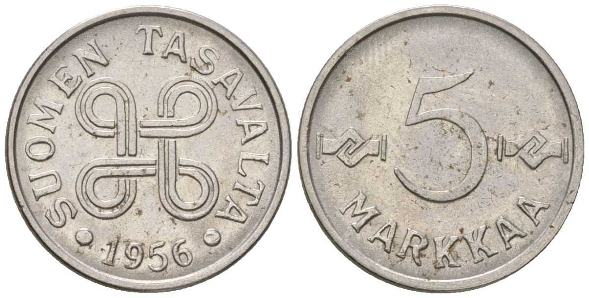 Финляндия 5 марок 1956 KM 37a железо плакированная никелем 4169-254