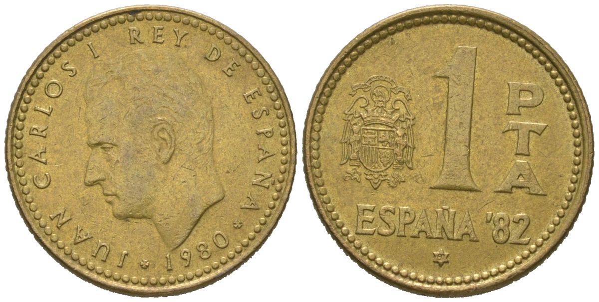Испания 1 песета 1980 (81), Хуан Карлос I (1975-2014), чемпионат мира по футболу 1982 года в Испании KM 816 алюминиевая бронза 4621-568