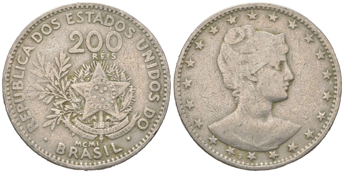 Бразилия 200 реалов 1901 MCMI, голова свободы вправо KM 504 медно-никель 4612-354