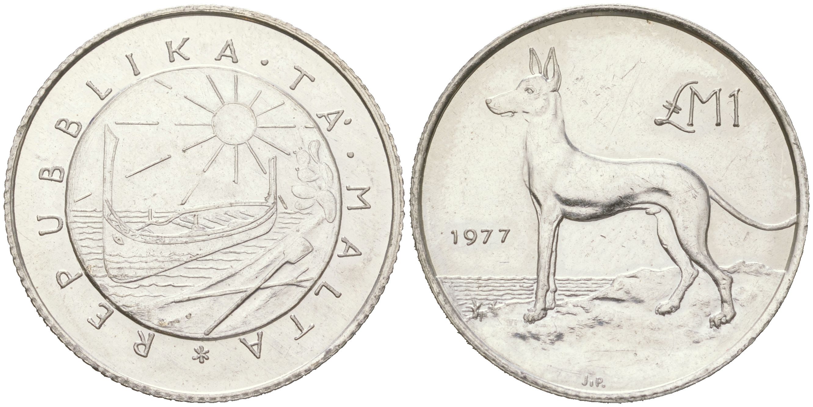 Мальта 1 лира 1977 Мальтийская охотничья (Фараонова) собака KM 45 серебро BU 4044-1334