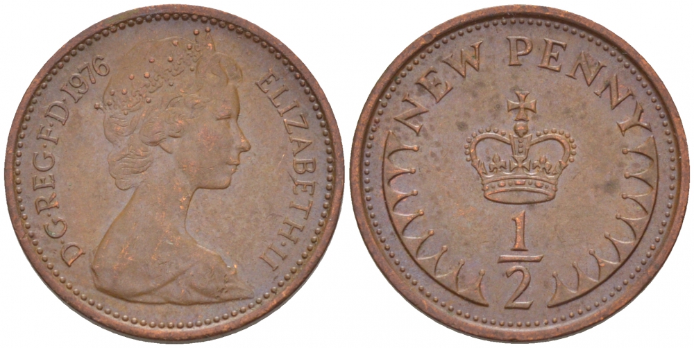 Великобритания 1/2 пенни 1976 Елизавета II (1952-2022) KM 914, Spink 4239 бронза 112-1065