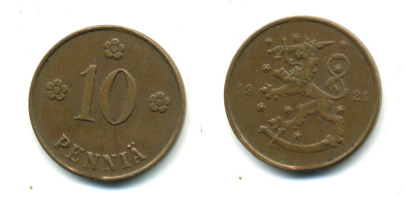 Финляндия 10 пенни 1921 республика (1918-1962) KM 24 медь 46-137