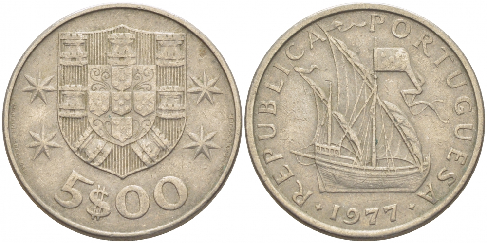 ПОРТУГАЛИЯ 5 ЭСКУДО 1977 ПАРУСНИК KM 591 медно-никель 87-932