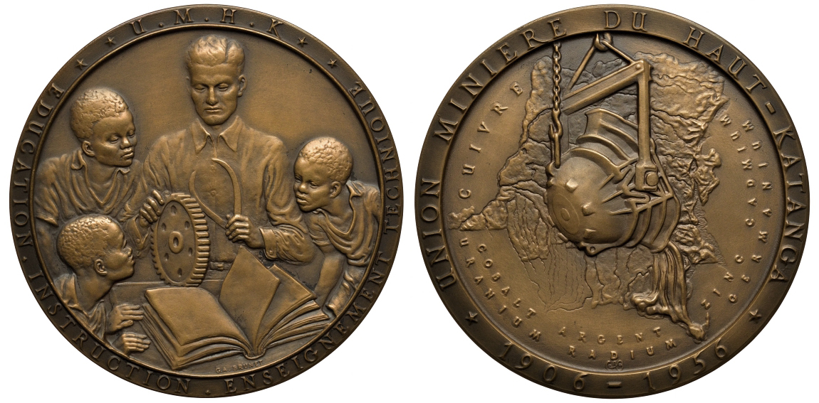 Бельгийское Конго медаль 1956 50 лет обществу металлургов, обучение африканских детей, 85 мм бронза UNC 02-013-11-1