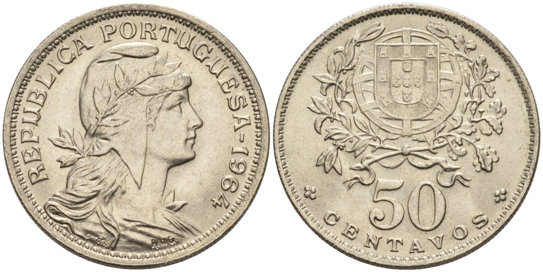 Португалия 50 сентаво 1964 KM 577 медно-никель 4571-936
