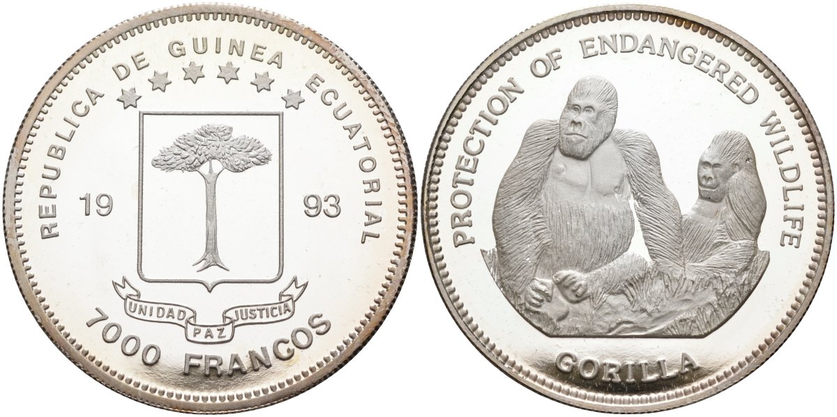 Экваториальная Гвинея 7000 франков 1993 серия защитим наш мир, две гориллы KM 122 серебро PROOF 00-000-00