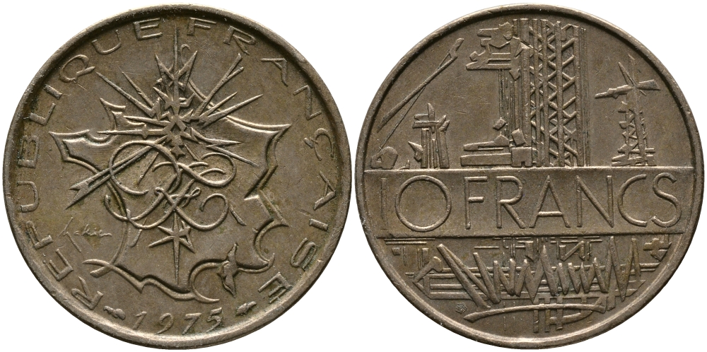 Франция 10 франков 1975 тип Матье KM 940, Le Franc 365.5-6 никель латунь 97-645