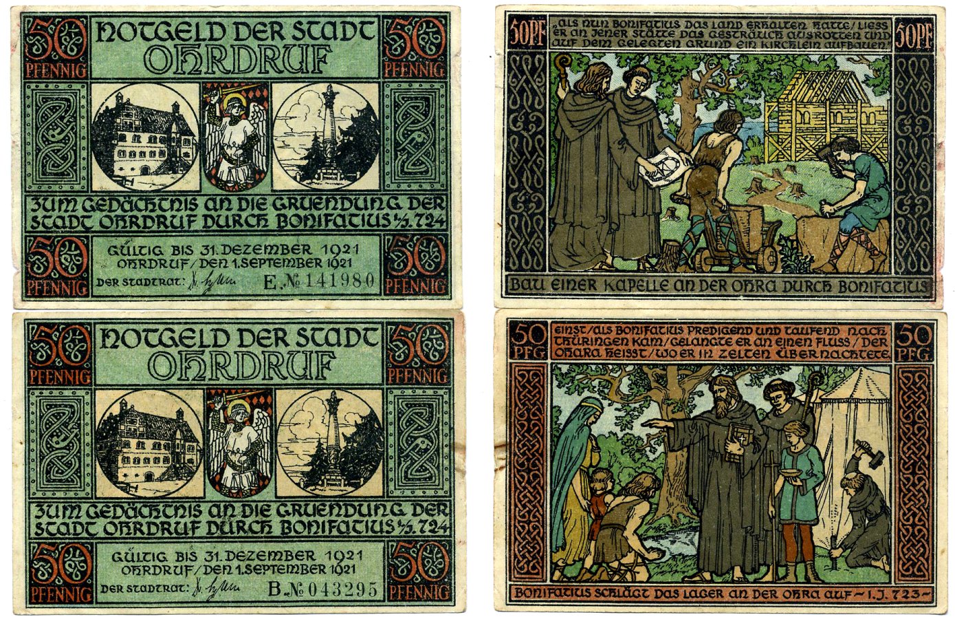 Германия, Ордруф набор из 2 банкнот по 50 пфеннигов 1921 1 сентября 1921 - 31 декабря 1921, нотгельд (буквы В, Е), земля Тюрингия Grabowski 1012.4 бумага 2195-16-3-1