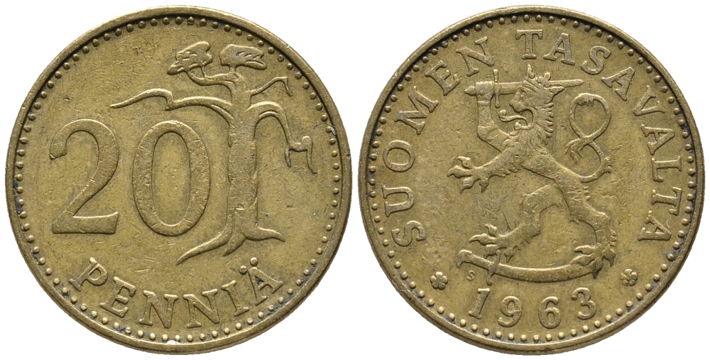 ФИНЛЯНДИЯ 20 ПЕННИ 1963 KM 47 алюминиевая бронза 34-1042