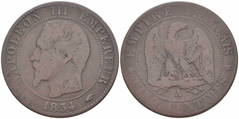 ФРАНЦИЯ 5 САНТИМОВ 1854 A, НАПОЛЕОН III (1852-1870) KM 777.1, LE FRANC 116.8 бронза 4448-1222