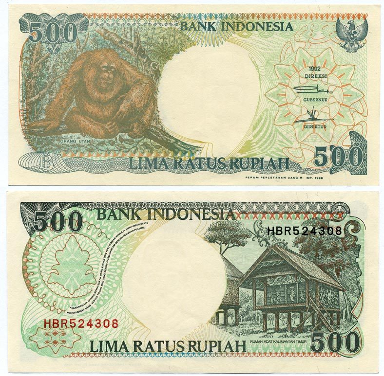 ИНДОНЕЗИЯ 500 РУПИЙ 1992/1999 ОРАНГУТАН, КАЛИМАНТАНСКИЙ ДОМ Pick 128h бумага UNC (ПРЕСС) 7147-1-3-2