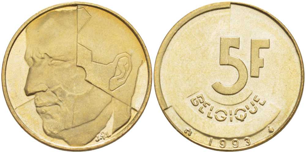БЕЛЬГИЯ 5 ФРАНКОВ 1993 BELGIQUE, БОДУЭН I (1951-1993) KM 163 латунь или алюминиевая бронза 4379-1056