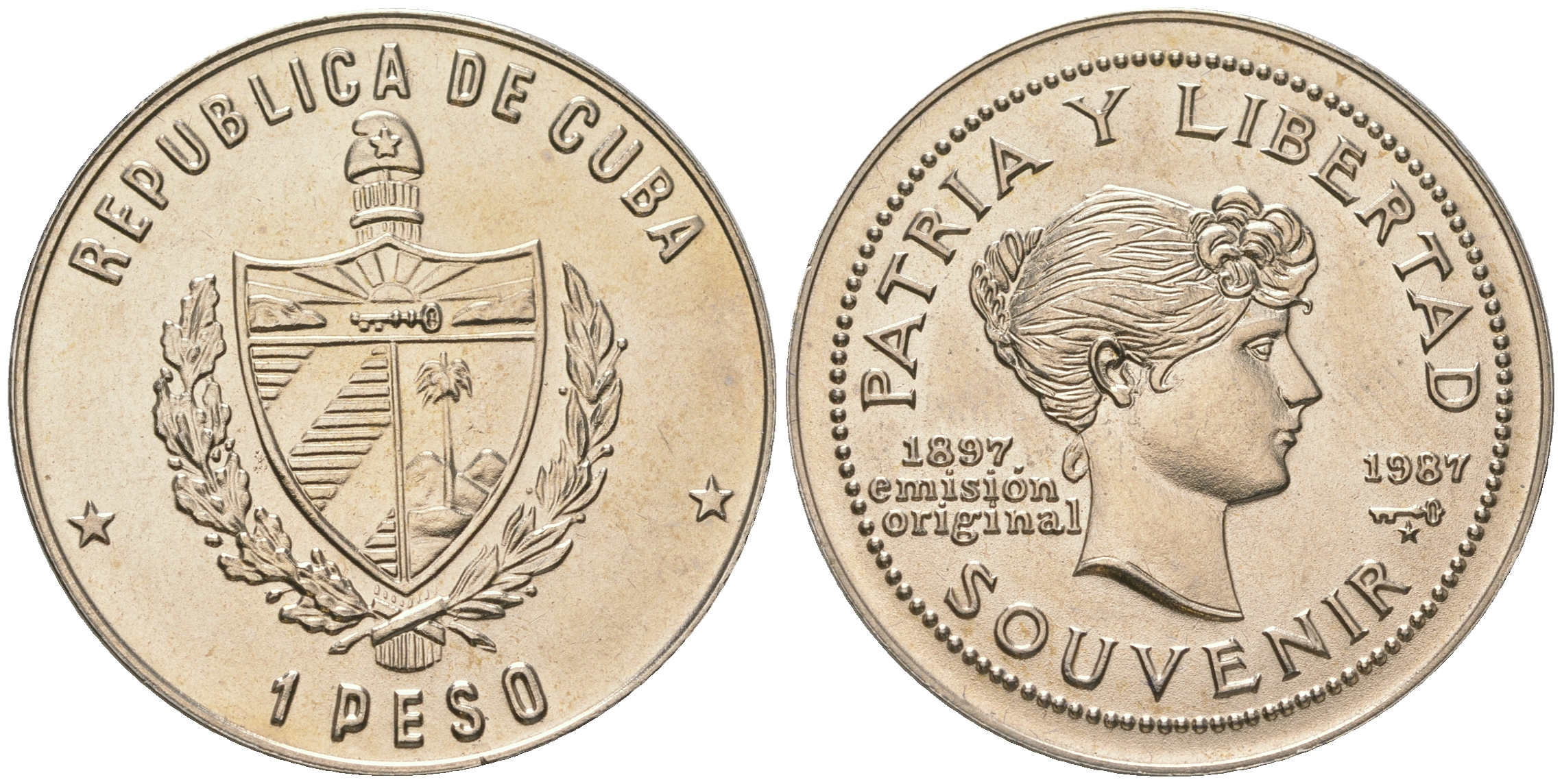 Куба 1 песо 1987 90 лет "сувенирного" песо KM 165 медно-никель UNC 4165-726