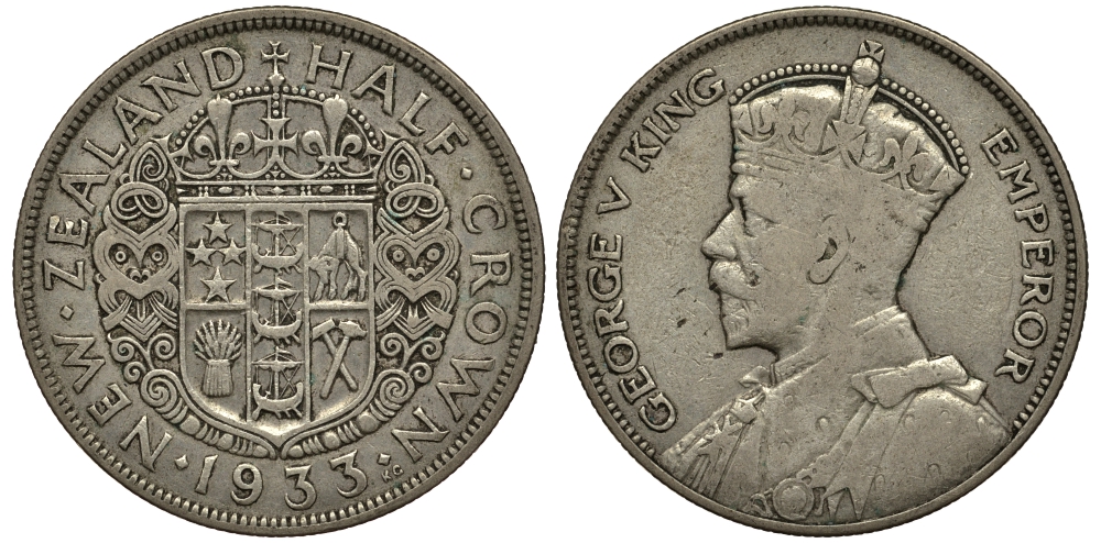 Новая Зеландия 1/2 кроны 1933 Георг V (1910-1936) KM 5 серебро 272-524