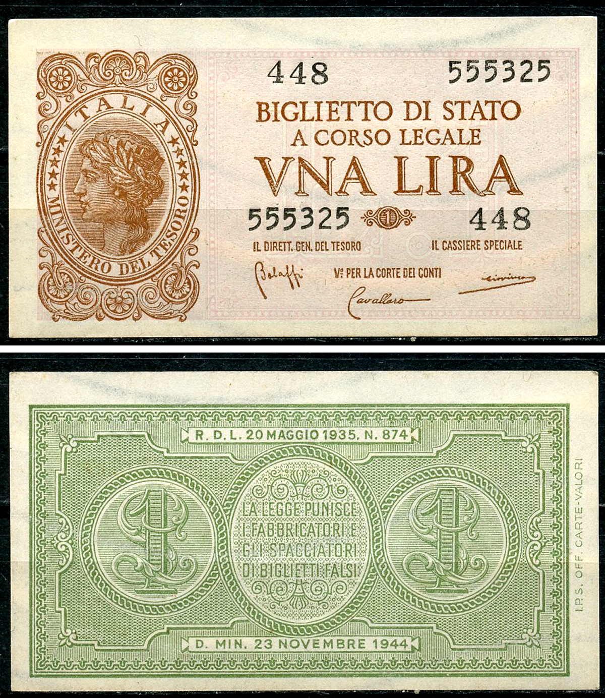 Италия 1 лира 1944 подписи Bolaffi, Cavallaro, Giovinco Pick 29 b, Grapanzano BS 8  бумага  aUNC 8614-10-3-1