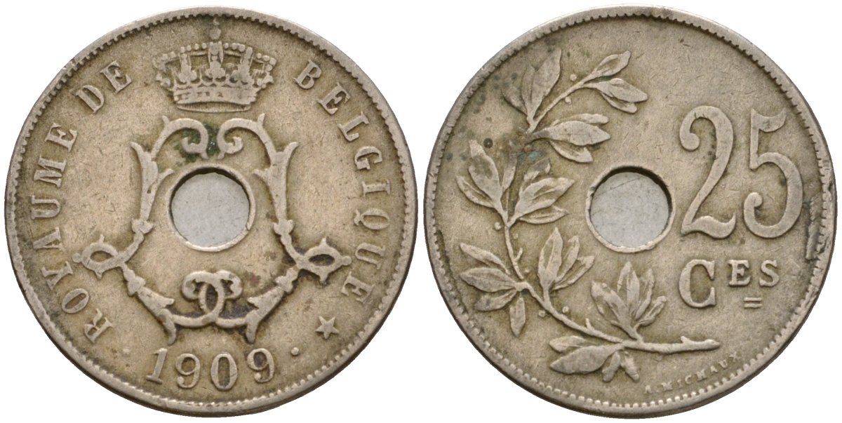 Бельгия 25 сантимов 1909 Belgique KM 62 медно-никель 25-421