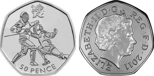 Великобритания 50 пенсов 2011 XXX летние Олимпийские игры в Лондоне в 2012 году, фехтование, в оригинальном картонном буклете, с Олимпийской голограммой (11/29) KM 1191 медно-никель  UNC  3-6-6-23