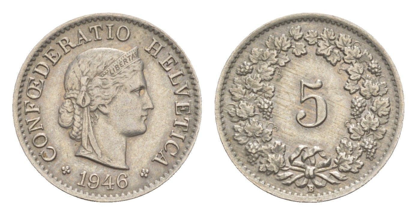 Швейцария 5 раппенов 1946 B KM 26 медно-никель 4532-563