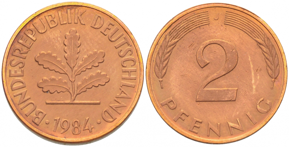 ФРГ 2 ПФЕННИГА 1984 J KM 106a, J.381a сталь плакированная сталь плакированная медьюю 4396-1616
