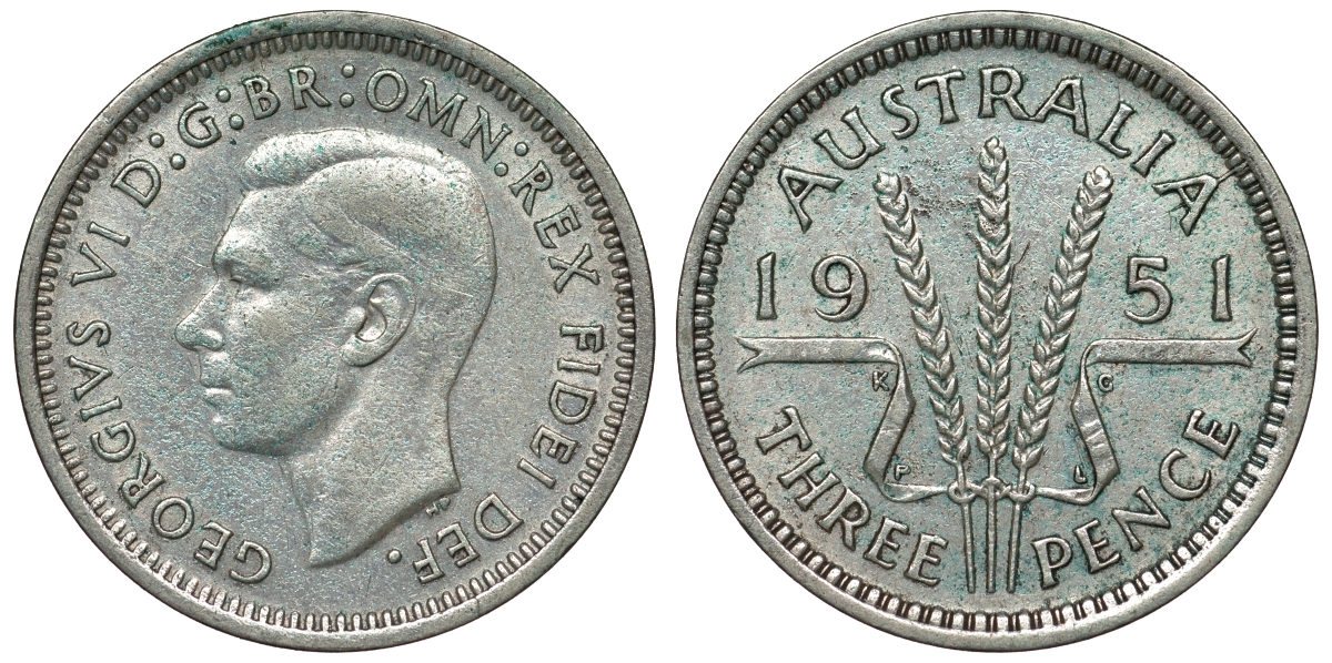 Австралия 3 пенса 1951 m, Георг VI (1937-1952), без букв KM 44 серебро 71-317