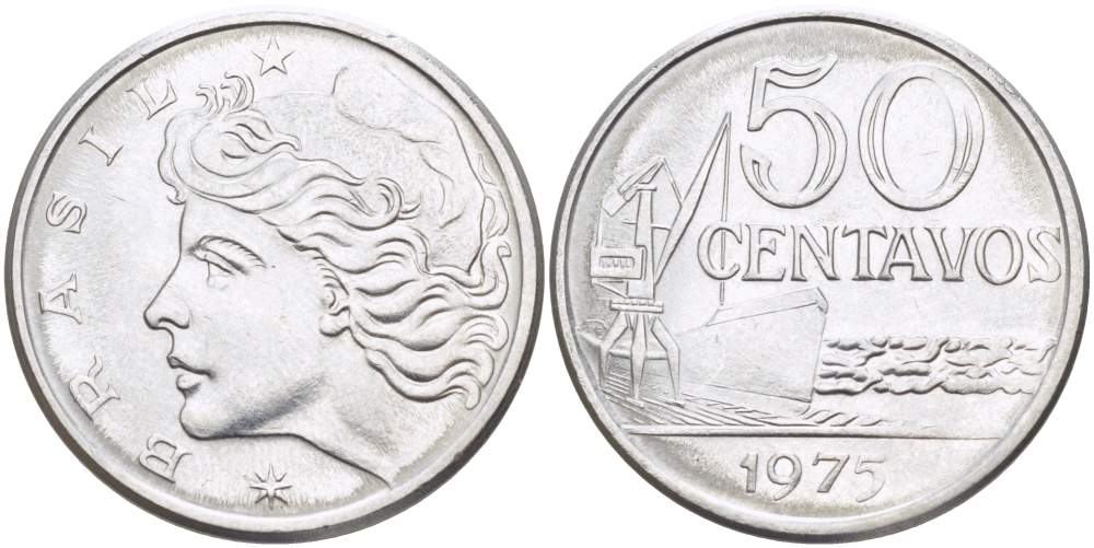 Бразилия 50 сентаво 1975 голова свободы влево KM 580a, Schon 85a нержавеющая сталь 4529-422