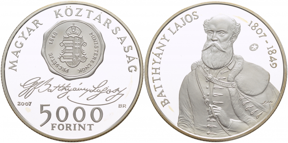 Венгрия 5000 форинтов 2007 200 лет со дня рождения Лайоша Баттьяни KM 799 серебро  PROOF  01-168-34