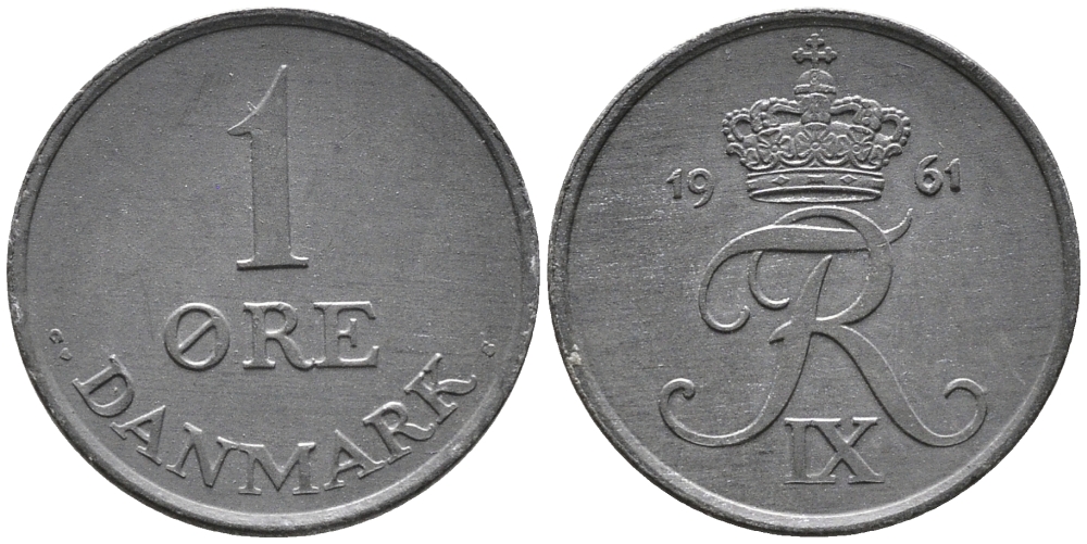 ДАНИЯ 1 ЭРЕ 1961 C; S, ФРЕДЕРИК IX (1947-1972) KM 839.2 цинк UNC 100-661
