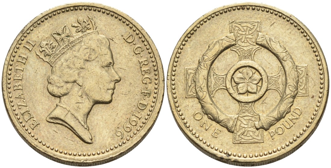 Англия 1 фунт 1996 ДИЗАЙН СЕВЕРНОЙ ИРЛАНДИИ, КЕЛЬТСКИЙ КРЕСТ KM 972, Spink 4339 никель латунь 88-515