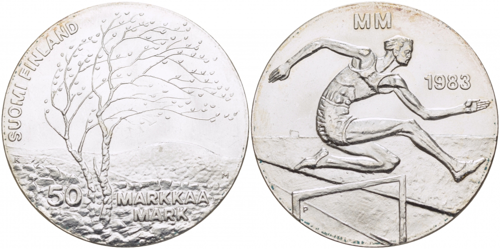 Финляндия 50 марок 1983 K-T, чемпионат мира по атлетике, бег с препятствиями KM 61 серебро UNC 1515-1234