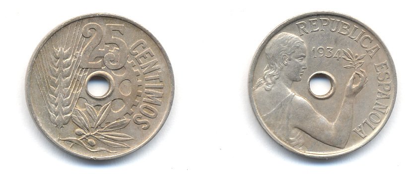 ИСПАНИЯ 25 СЕНТИМО 1934 РЕСПУБЛИКА, КОЛОС 04-623