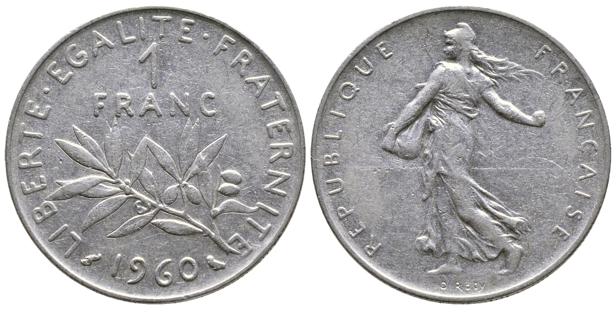 ФРАНЦИЯ 1 ФРАНК 1960 СЕЯТЕЛЬ KM 925.1, LE FRANC 226.4 никель 3999-1035
