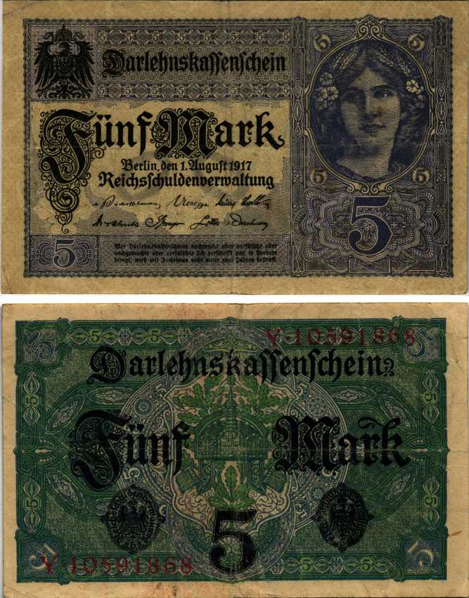 ГЕРМАНИЯ 5 МАРОК 1917 1 АВГУСТА 1920, ВОСЕМЬ ЦИФР В НОМЕРЕ СЕРИИ Pick 56b бумага 6293-30-1-1