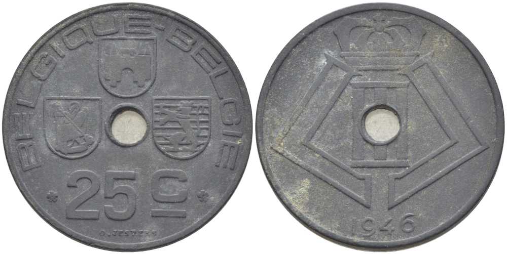 БЕЛЬГИЯ 25 САНТИМОВ 1946 BELGIQUE-BELGIE, ГЕРМАНСКАЯ ОККУПАЦИЯ, ВТОРАЯ МИРОВАЯ ВОЙНА, ЛЕОПОЛЬД III (1934-1950) KM 131 цинк 119-412