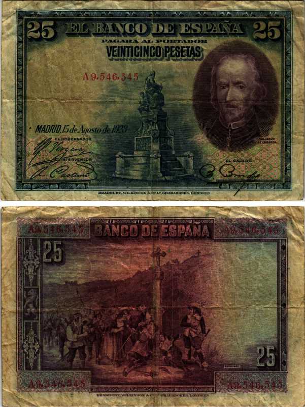 ИСПАНИЯ 25 ПЕСЕТ 1928 15 АВГУСТА 1928, СЕРИЯ А9546545, ПЕДРО КАЛЬДЕРОН ДЕ ЛЯ БАРКА Pick 74b бумага 8605-48-2-2