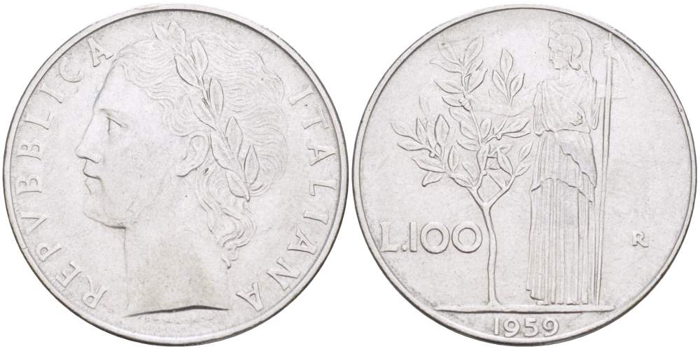 ИТАЛИЯ 100 ЛИР 1959 R, АФИНА KM 96.1 нержавеющая сталь 4526-125