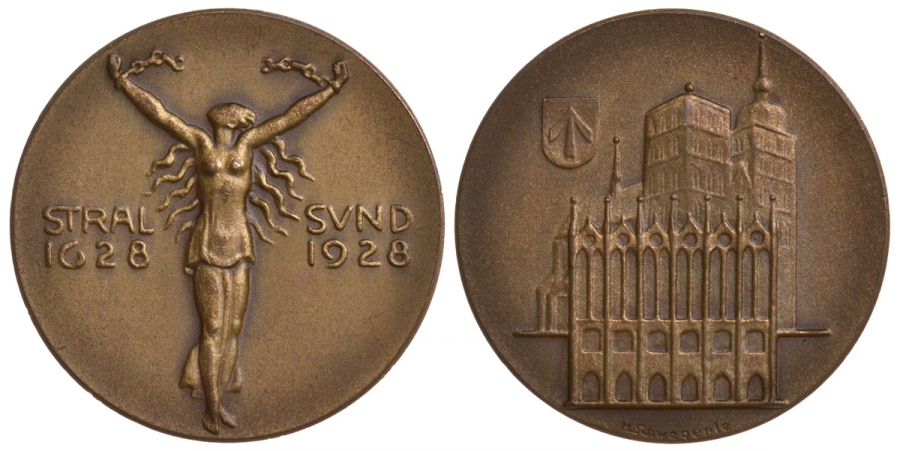 Померания медаль 1928 300 лет обороне Валленштайна, 36 мм, 20,2 гр Hasselmann 257 бронза UNC 1527-831