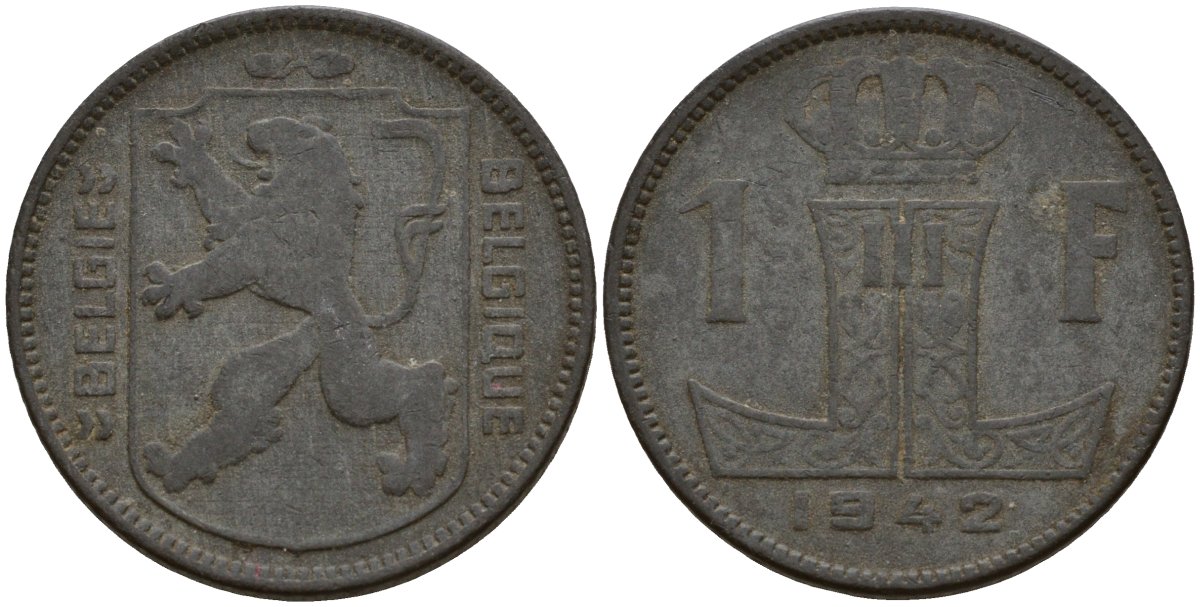 Бельгия 1 франк 1942 Belgique - Belgie, Леопольд III (1934-1947), германская оккупация, Вторая мировая война KM 127 цинк 4161-433