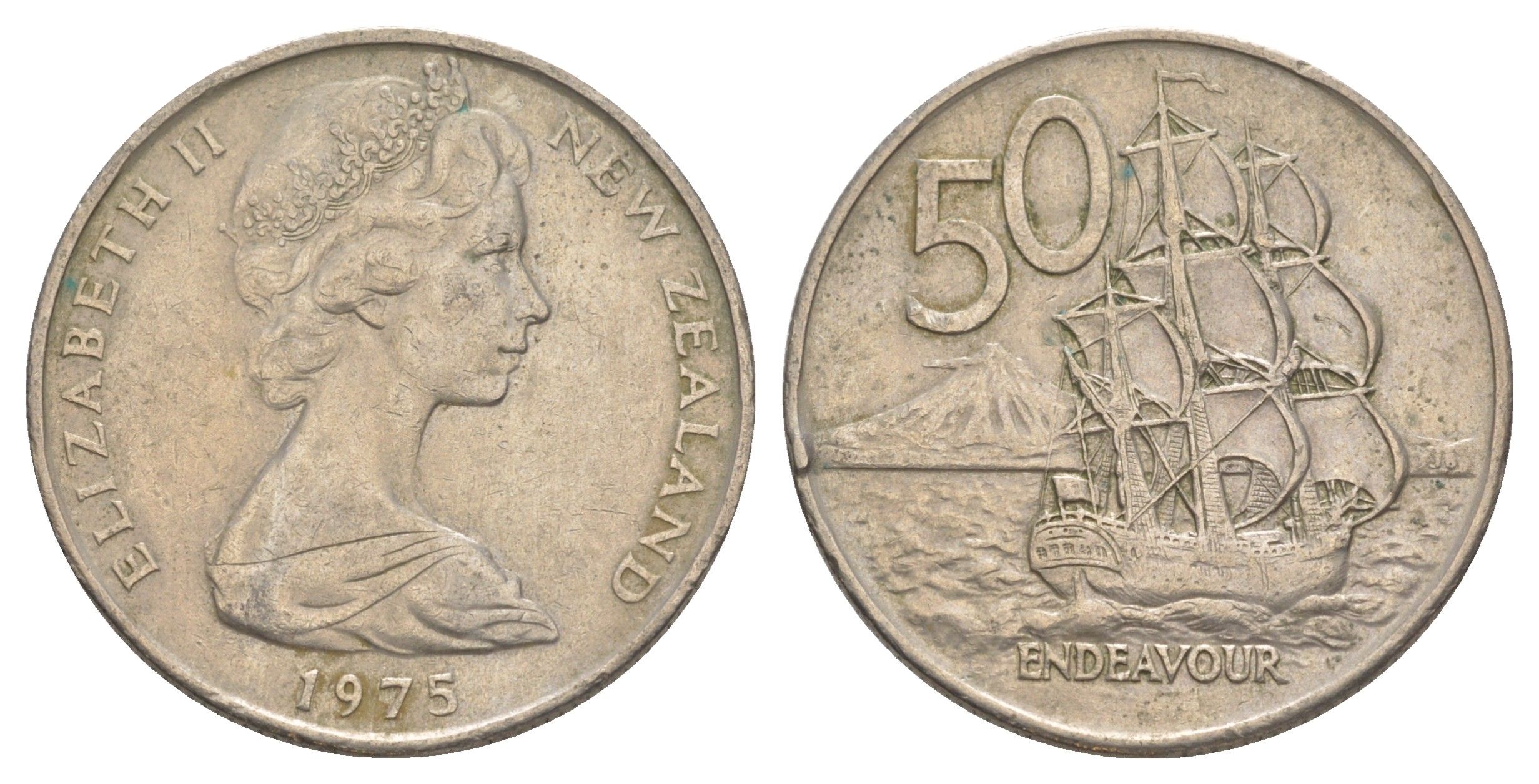 Новая Зеландия 50 центов 1975 Елизавета II (1952-2022), парусник Индевор KM 37.1 медно-никель 4645-1142