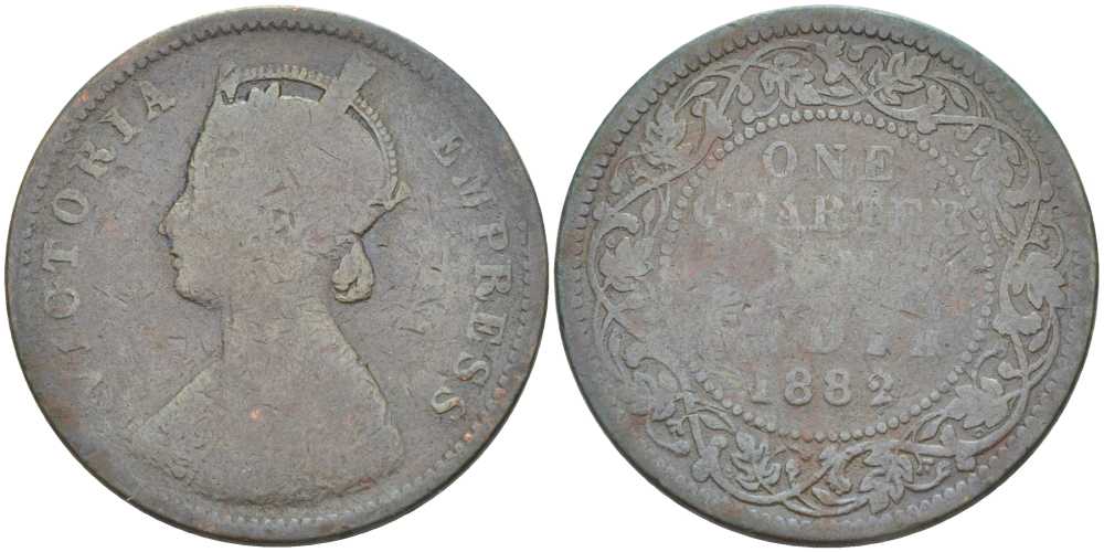 Британская Индия 1/4 анна 1882 Виктория (1837-1901) KM 486 медь 117-934